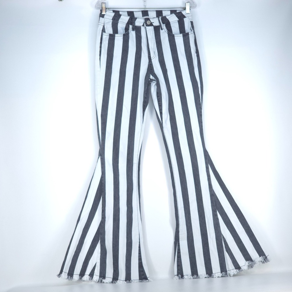 Wisteria Lane Vertical Stripe Bell Bottom Flare Jeans Women's Medium Black White